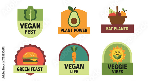 A collection of colorful, flat-design vegan food badges and labels, promoting a healthy plant-based lifestyle with various illustrations and text elements for culinary and dietary concepts.