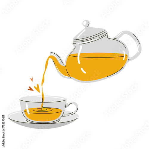 Glass teapot pouring tea into cup