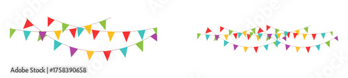 Bright and colorful bunting flag decoration set featuring triangular pennants on string. Perfect for celebration, party, carnival, festival, and holiday decoration designs.