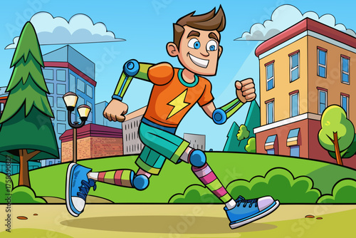 Vector of young man with advanced leg prosthetic running outdoors, showing speed, strength, motivation, and inclusion.