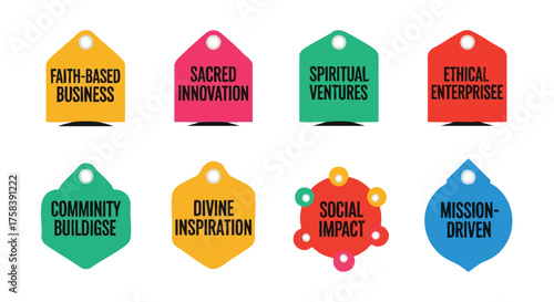 Colorful labels showcasing business concepts like faith-based ventures, ethical enterprises, and community building, promoting spiritual innovation and social impact in a vibrant design.