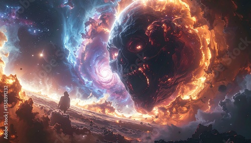 Astral Explorer and Celestial Orb: An awe-inspiring cosmic scene showcases a solitary explorer contemplating a colossal celestial orb.