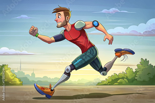 Vector of young man with advanced leg prosthetic running outdoors, showing speed, strength, motivation, and inclusion.