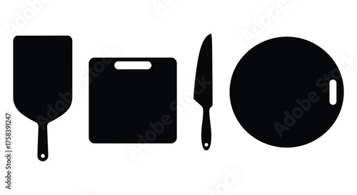 Collection of kitchen utensils including a pizza peel cutting board knife and serving platter in a clean silhouette