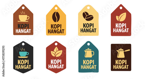 A collection of colorful Kopi Hangat tag designs, featuring coffee-related icons and the Indonesian phrase for warm coffee, perfect for branding and cafe promotions.