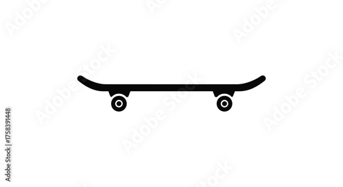 A simple black silhouette of a skateboard with four wheels against a white background representing urban sport and street culture silhouette