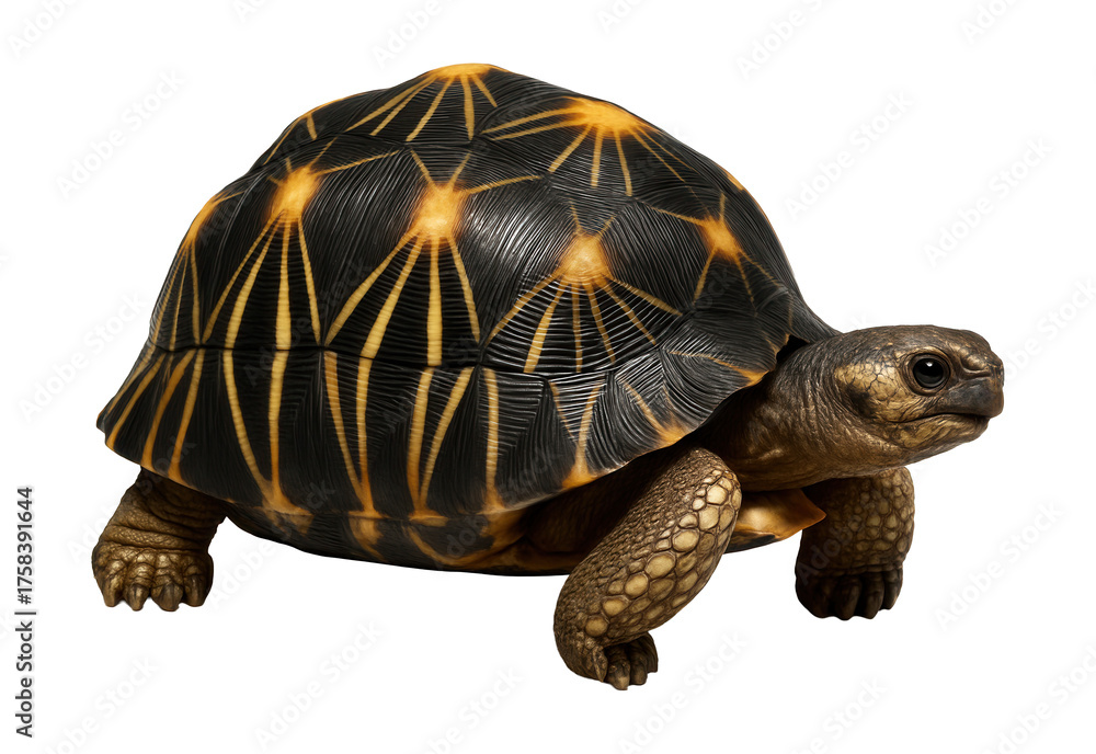 Fototapeta premium Radiated tortoise featuring starry yellow patterns on a dark, rounded shell.