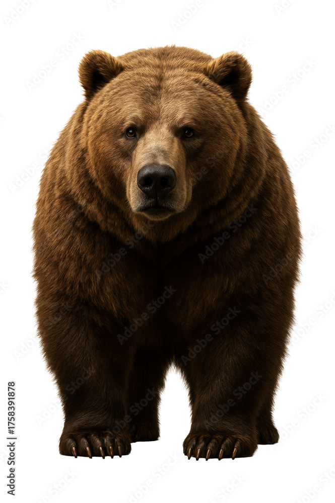 Fototapeta premium Large bear with broad shoulders and a shaggy brown coat, shown from the front.