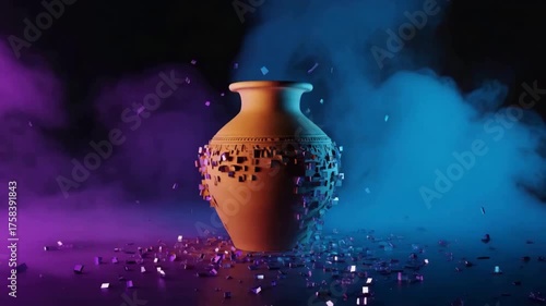 Ancient vase fragments digitally disintegrate amidst vibrant neon smoke and falling squares, a modern artistic concept.