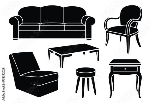 Elegant vector furniture collection sofa armchair coffee table nightstand stool scalable eps illustration silhouette vector illustration white background