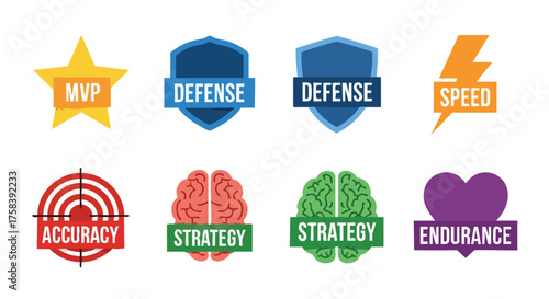 A collection of colorful, illustrated icons representing concepts like defense, speed, accuracy, strategy, endurance, and MVP are displayed against a white background for various business and design
