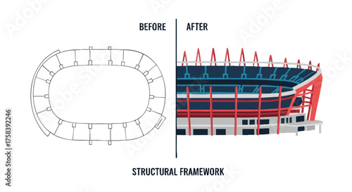 An illustration depicts the structural framework of a stadium before and after construction, showcasing the architectural design and the final appearance of the sports venue.