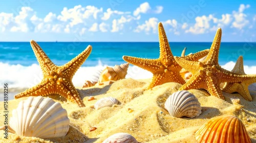 Vibrant starfish and diverse seashells nestled in warm golden sand with sparkling ocean waves and blue sky backdrop