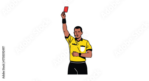A soccer referee in a yellow uniform holds up a red card, signaling a foul or penalty during a match, isolated on a white background.