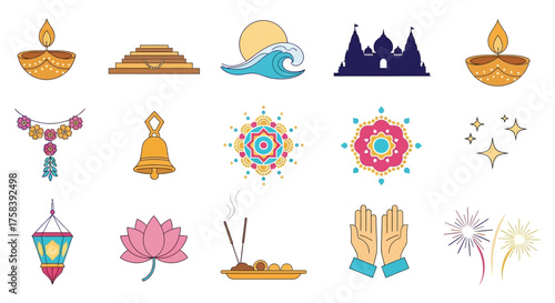 Vector icon set inspired by Diwali light festival, featuring divine spiritual symbols of faith, prayer, celebration and cultural heritage in golden saffron and festive vibrant palette design