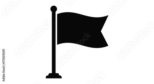 A simple black silhouette of a flag waving on a flagpole against a white background representing freedom and movement silhouette