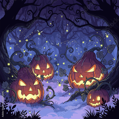 Enchanting Halloween night with glowing jack-o'-lanterns nestled in a dark, mystical forest filled with fireflies