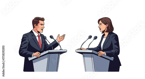 A vector illustration depicts two individuals, a man and a woman, engaged in a heated debate at podiums with microphones, set against a pristine white backdrop, conveying a sense of discussion.
