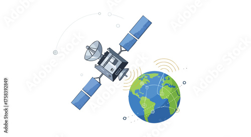 An illustrated satellite orbits a stylized Earth, depicting communication technology and global connectivity against a clean white backdrop, symbolizing space exploration.