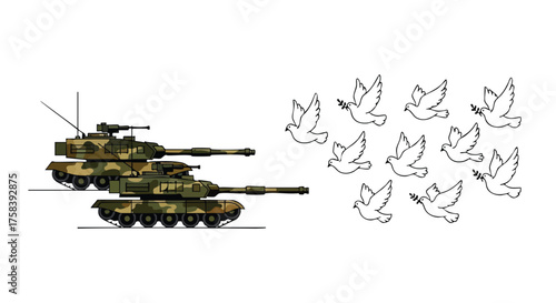 A conceptual illustration contrasts military tanks with a flock of peace doves, symbolizing conflict and the aspiration for global peace against the backdrop of war.