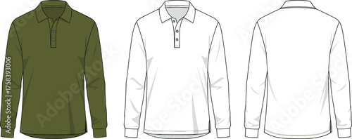 Long sleeve polo shirt technical flat sketch, fashion design template front and back view, garment specification vector illustration, clothing pattern outline, apparel manufacturing mockup