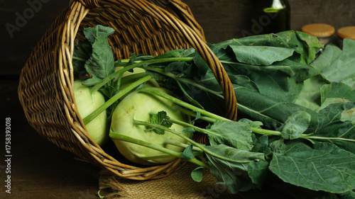 Fresh kohlrabi in a wicker basket
