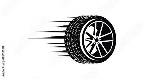 Dynamic automotive tire spinning with motion blur lines in a bold black silhouette