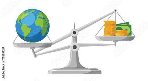 A conceptual illustration depicts the Earth balanced against money on a scale, symbolizing economic and environmental considerations and their interconnectedness.