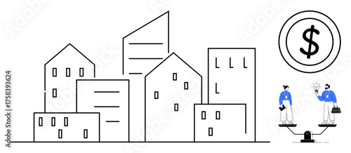 Minimalist cityscape with two professionals on a seesaw balancing business ideas and monetary profit. Ideal for urban planning, economy, real estate, work balance, decision-making, investments