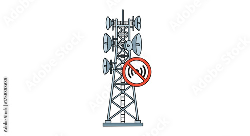 A vector illustration depicts a communication tower with a signal-blocking symbol, suggesting interference or a lack of connectivity, isolated on a white background.