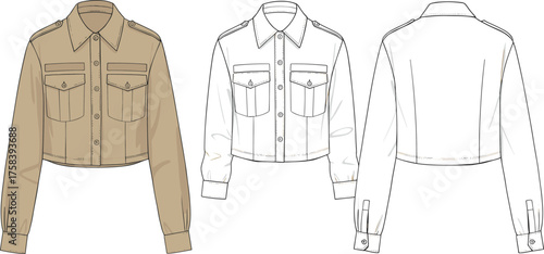 Cropped jacket fashion illustration, technical garment drawing, front side back view, pointed collar, button closure, chest pockets, shoulder epaulets, long sleeves, apparel design template