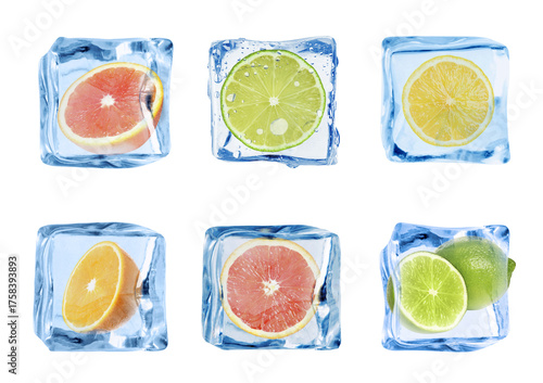 Citrus fruits in ice cubes isolated on white, set