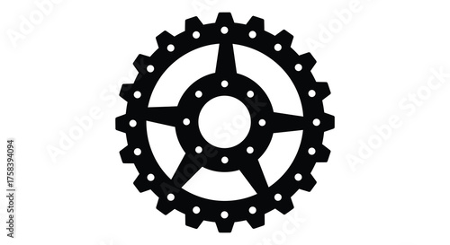 Intricate black silhouette of a star shaped cogwheel or gear with a toothed outer edge on a white background