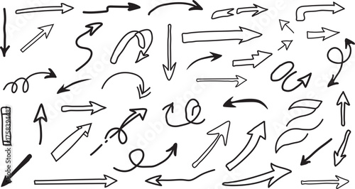Collection of hand drawn arrow symbols and icons pointing in various directions and styles on white background