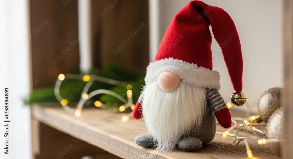 Fototapeta premium Cute christmas gnome with red hat and white beard on a shelf