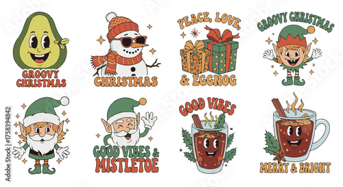 Embrace the festive spirit with a collection of whimsical holiday illustrations, a nostalgic blend of retro design and seasonal cheer, designed for cards, decorations, and more.