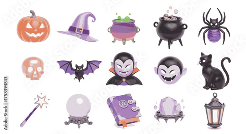 A collection of fun Halloween icons including pumpkin, witch hat, cauldron, spider, skull, bat and many more, capturing the playful and spooky spirit of Halloween.