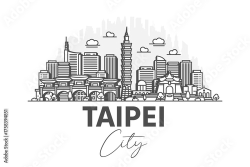 Taipei, Taiwan architecture line skyline illustration with shadows. Linear vector cityscape with famous landmarks, city sights, design icons.