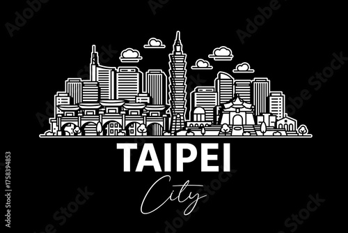 Taipei, Taiwan architecture line skyline illustration with shadows. Linear vector cityscape with famous landmarks, city sights, design icons.