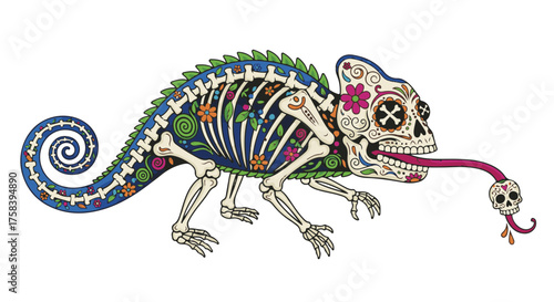 An intricate artwork depicts a chameleon adorned with elements of a skull. This artistic rendition showcases a unique blend of nature and symbolism.