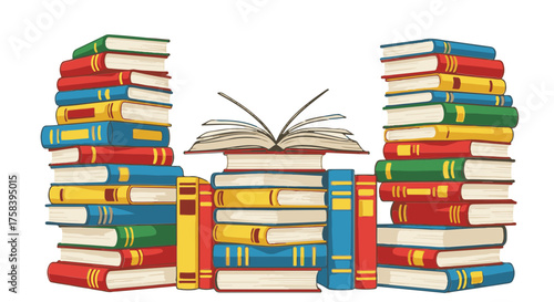 Vibrant collection of books, an open book resting atop a colorful arrangement, signifying a world of knowledge and exploration, inviting viewers to embark on a literary adventure.