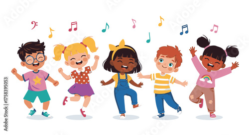 Joyful children dance with musical notes, radiating the pure joy of movement. Their carefree spirits and colorful outfits create a symphony of delight.