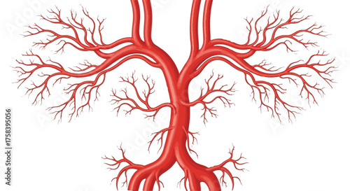 A detailed illustration of a complex branching artery system in vibrant red hue, showcasing the intricate network vital for life. 