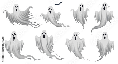 A spectral gathering of cartoonish ghosts floats playfully across a muted backdrop, captured in a whimsical illustration. evoking a sense of fun and spooky adventure.