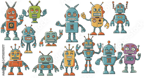A colorful gathering of whimsical robot, each displaying unique personality and charming mechanical features. A captivating scene for anyone to be impressed.
