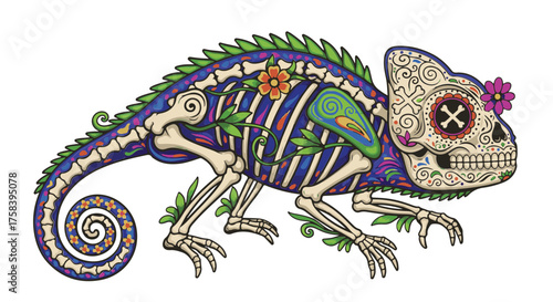 A whimsical, artistic representation of a chameleon, intricately designed with floral patterns and a skeletal structure, embodying the spirit of celebration.