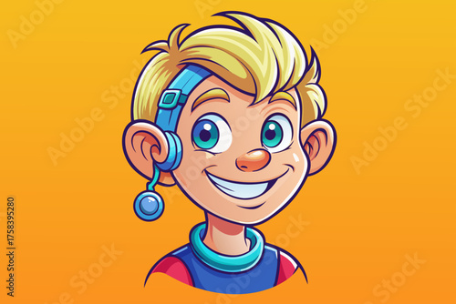 Vector of cheerful boy wearing modern hearing aid, smiling confidently, representing inclusion, accessibility, and modern assistive technology.