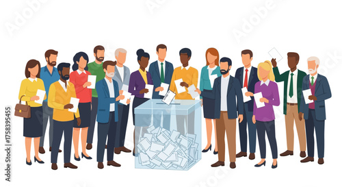A diverse group of citizens standing in line to cast their paper ballots in a transparent box during an election