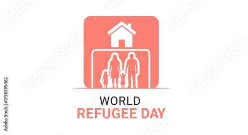 A symbolic icon for World Refugee Day showing a displaced family under a shelter. Vector graphic for humanitarian awareness and support
