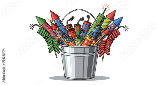 Vector illustration of a galvanized metal bucket filled with a colorful collection of pyrotechnic rockets and firecrackers